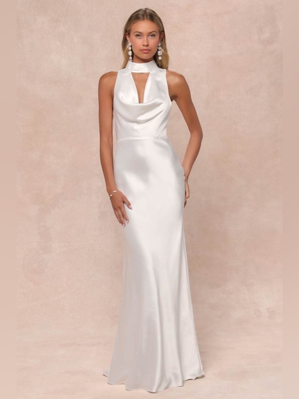 Lulu’s Gorgeous Vow Satin Mock Neck Cowl Mermaid Maxi Dress